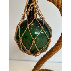 Rope and Green Glass Table Lamp by Audoux-Minet, French Work, circa 1950