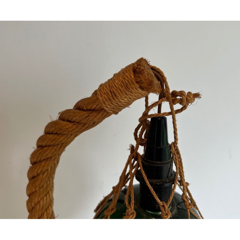 Rope and Green Glass Table Lamp by Audoux-Minet, French Work, circa 1950