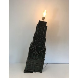 Lampe Brutaliste Bois Patiné, Signée AR-BO, Travail Français, vers 1990