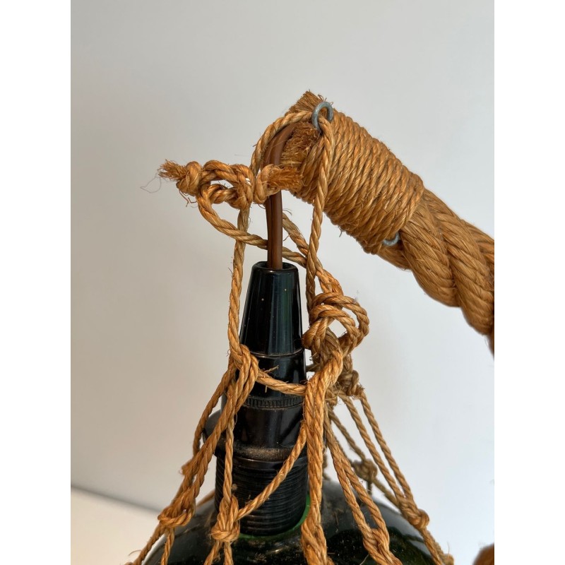 Rope and Green Glass Table Lamp by Audoux-Minet, French Work, circa 1950