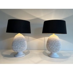 Paire de Grandes Lampes Céramique Blanche, Travail Français, vers 1970
