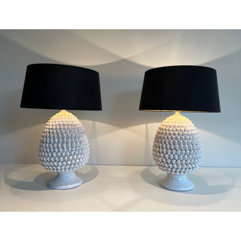 Paire de Grandes Lampes Céramique Blanche, Travail Français, vers 1970
