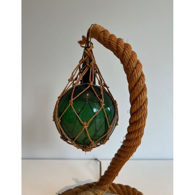 Rope and Green Glass Table Lamp by Audoux-Minet, French Work, circa 1950