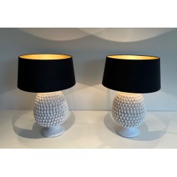 Paire de Grandes Lampes Céramique Blanche, Travail Français, vers 1970