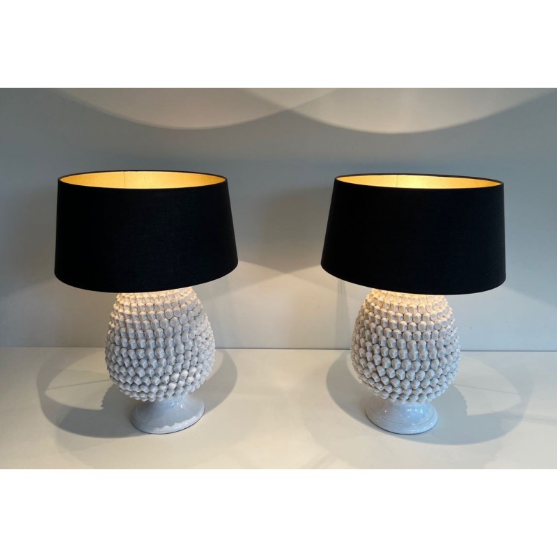 Paire de Grandes Lampes Céramique Blanche, Travail Français, vers 1970