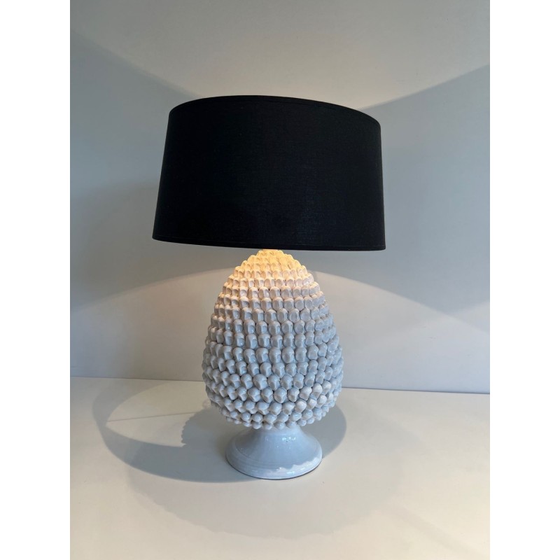 Paire de Grandes Lampes Céramique Blanche, Travail Français, vers 1970