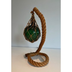 Rope and Green Glass Table Lamp by Audoux-Minet, French Work, circa 1950