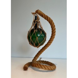Rope and Green Glass Table Lamp by Audoux-Minet, French Work, circa 1950