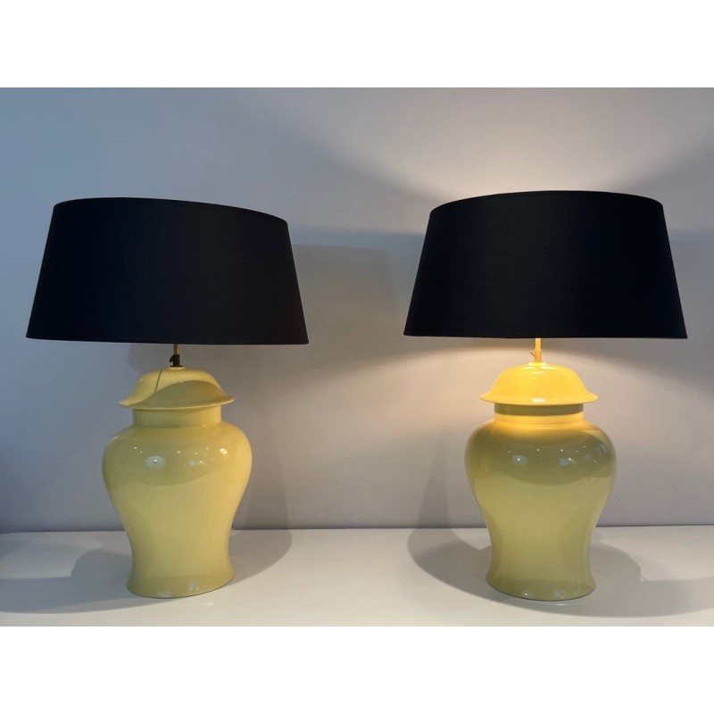 Pair of Yellow Ceramic Table Lamps, Signed Kostka, French Work, circa 1970