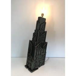 Lampe Brutaliste Bois Patiné, Signée AR-BO, Travail Français, vers 1990