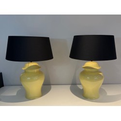 Pair of Yellow Ceramic Table Lamps, Signed Kostka, French Work, circa 1970