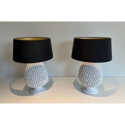 Paire de Grandes Lampes Céramique Blanche, Travail Français, vers 1970