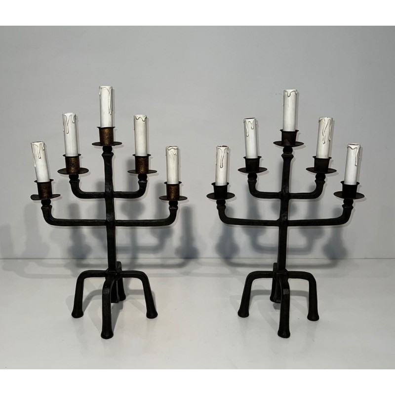 Pair of Five-Arm Wrought Iron Candelabras, Patinated & Gilt, French Work, circa 1940