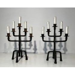 Pair of Five-Arm Wrought Iron Candelabras, Patinated & Gilt, French Work, circa 1940
