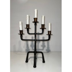 Pair of Five-Arm Wrought Iron Candelabras, Patinated & Gilt, French Work, circa 1940