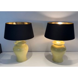 Pair of Yellow Ceramic Table Lamps, Signed Kostka, French Work, circa 1970