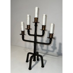 Pair of Five-Arm Wrought Iron Candelabras, Patinated & Gilt, French Work, circa 1940