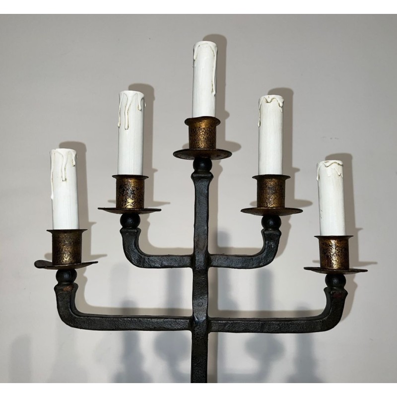 Pair of Five-Arm Wrought Iron Candelabras, Patinated & Gilt, French Work, circa 1940
