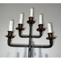 Pair of Five-Arm Wrought Iron Candelabras, Patinated & Gilt, French Work, circa 1940