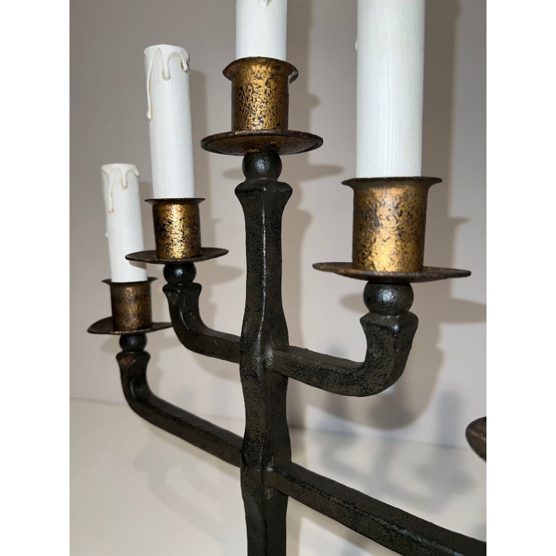 Pair of Five-Arm Wrought Iron Candelabras, Patinated & Gilt, French Work, circa 1940