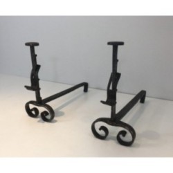 Paire de Chenets Crémaillère en Fer Forgé