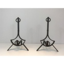 Paire de Chenets Modernistes en Fer forgé