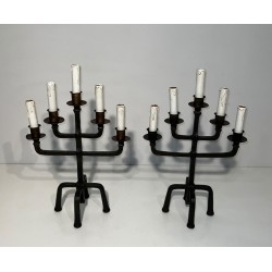 Pair of Five-Arm Wrought Iron Candelabras, Patinated & Gilt, French Work, circa 1940