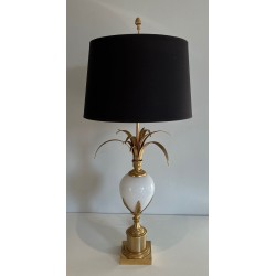 White Opaline Ostrich Egg Table Lamp, Gilt Nickel, Style of Maison Charles, circa 1970