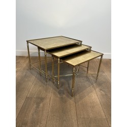 Tables Gigognes Métal Laqué Noir Plateaux Dorés 1970 - Maison Barrois