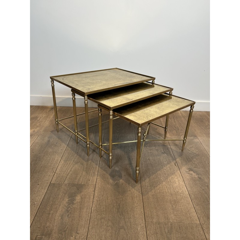 Tables Gigognes Métal Laqué Noir Plateaux Dorés 1970 - Maison Barrois
