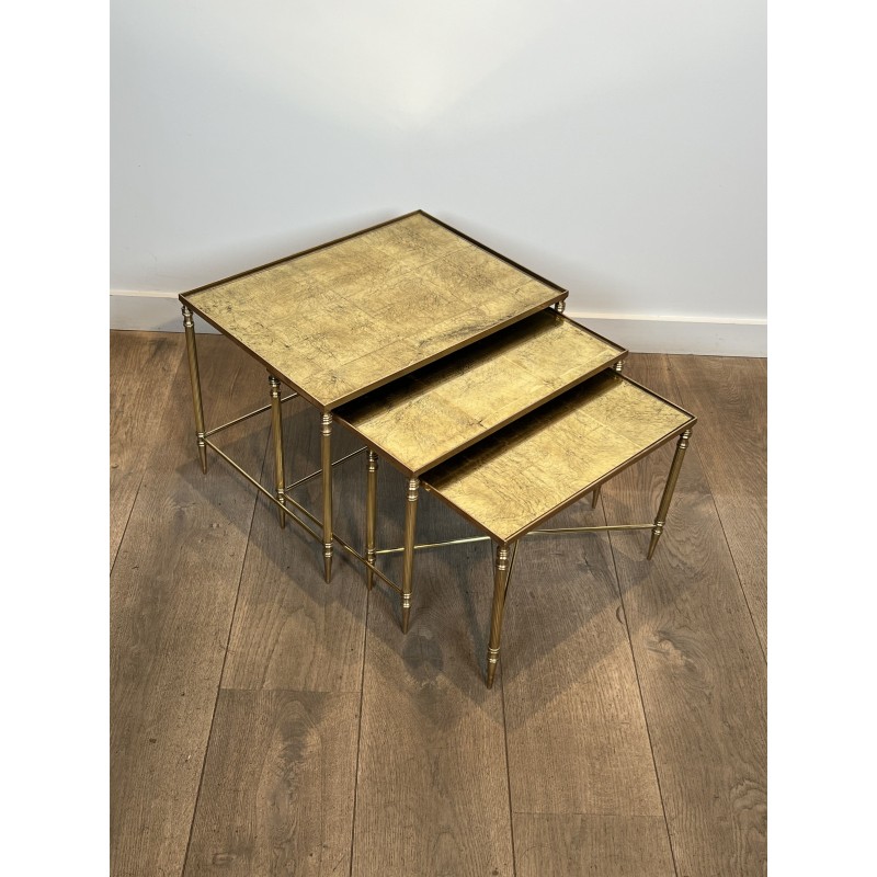 Tables Gigognes Métal Laqué Noir Plateaux Dorés 1970 - Maison Barrois