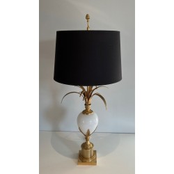 Lampe Œuf d’Autruche Opaline Blanche Nickel Doré, Goût Maison Charles, vers 1970
