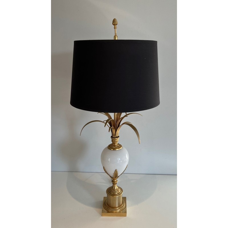 White Opaline Ostrich Egg Table Lamp, Gilt Nickel, Style of Maison Charles, circa 1970