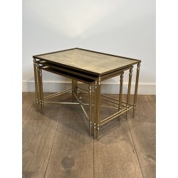Nesting Tables Black Lacquered Metal Gilded Tops 1970 - Maison Barrois