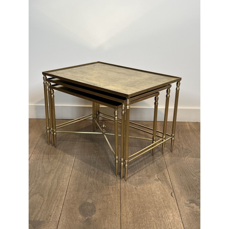 Tables Gigognes Métal Laqué Noir Plateaux Dorés 1970 - Maison Barrois