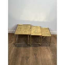 Nesting Tables Black Lacquered Metal Gilded Tops 1970 - Maison Barrois