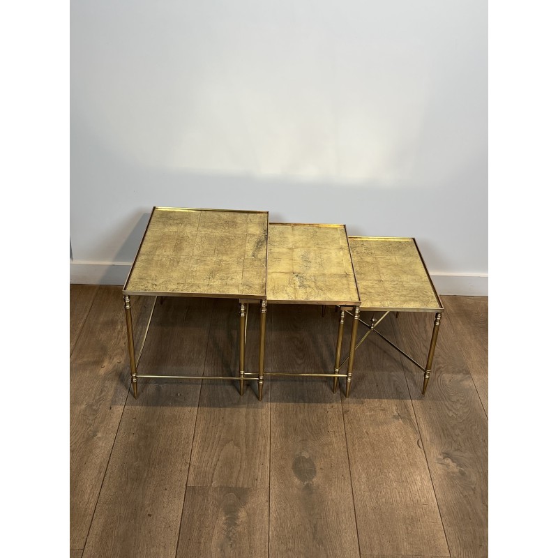 Tables Gigognes Métal Laqué Noir Plateaux Dorés 1970 - Maison Barrois