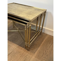Nesting Tables Black Lacquered Metal Gilded Tops 1970 - Maison Barrois