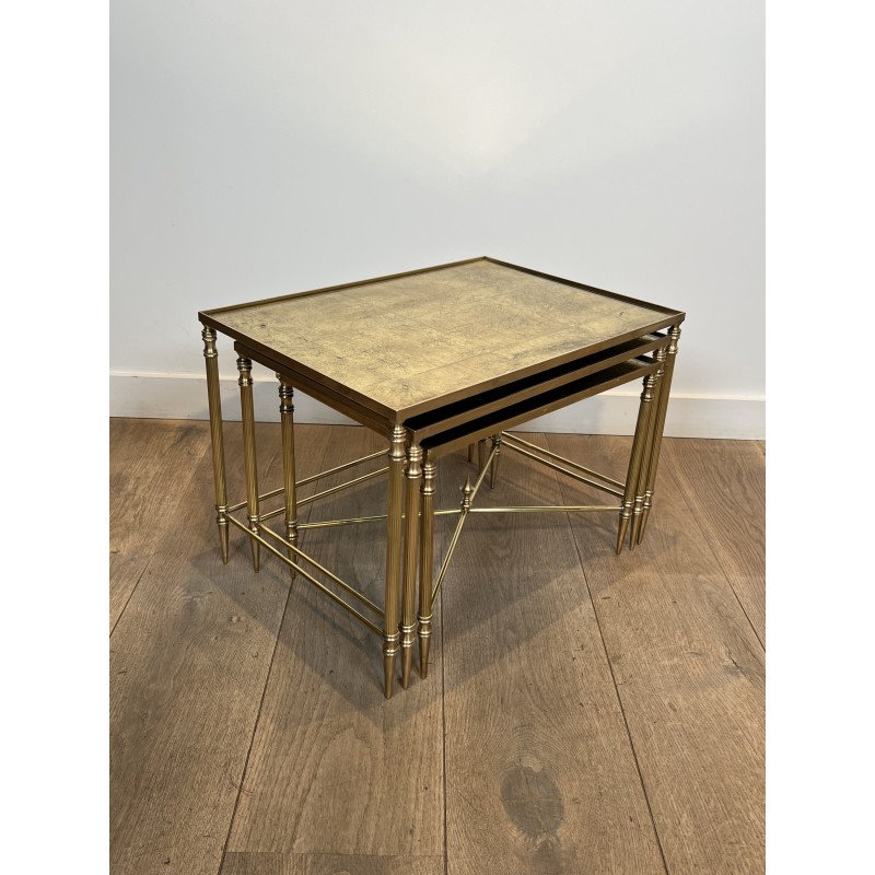 Tables Gigognes Métal Laqué Noir Plateaux Dorés 1970 - Maison Barrois