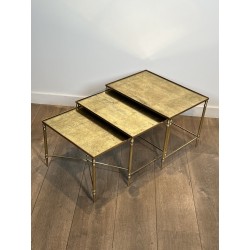 Tables Gigognes Métal Laqué Noir Plateaux Dorés 1970 - Maison Barrois