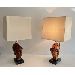 Paire de Lampes en Noyer, Visages de Soldats Casqués, Travail Italien, vers 1970
