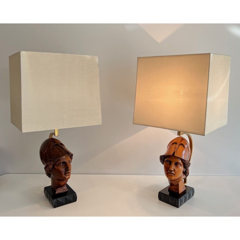 Paire de Lampes en Noyer, Visages de Soldats Casqués, Travail Italien, vers 1970