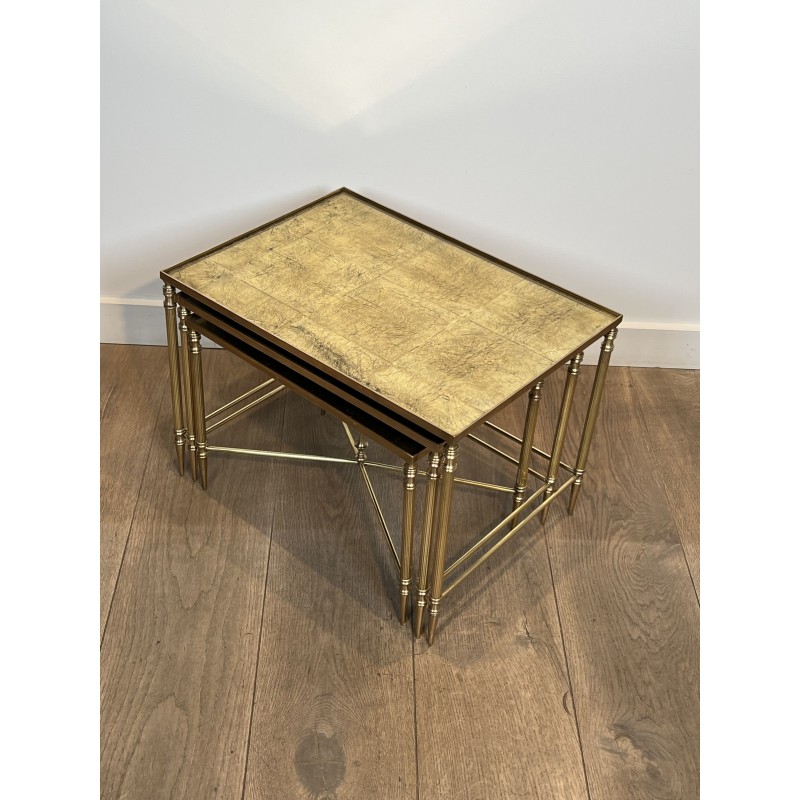 Tables Gigognes Métal Laqué Noir Plateaux Dorés 1970 - Maison Barrois