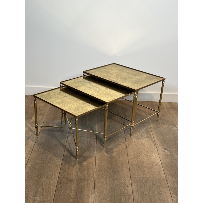 Tables Gigognes Métal Laqué Noir Plateaux Dorés 1970 - Maison Barrois