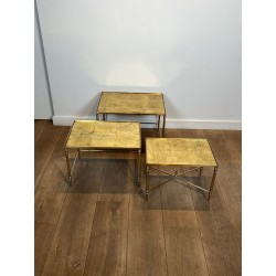 Nesting Tables Black Lacquered Metal Gilded Tops 1970 - Maison Barrois