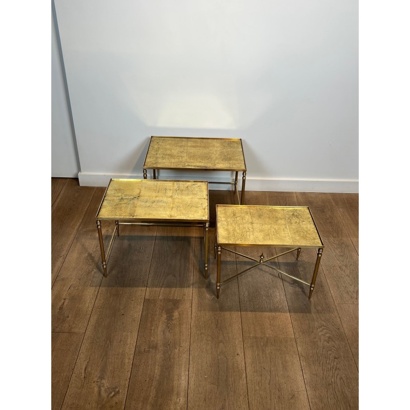 Tables Gigognes Métal Laqué Noir Plateaux Dorés 1970 - Maison Barrois