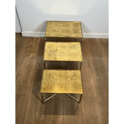 Tables Gigognes Métal Laqué Noir Plateaux Dorés 1970 - Maison Barrois
