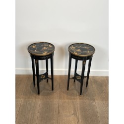 Pair Maison Hirsh Black Lacquered Pedestals Gilded Decor 1970 - Maison Barrois