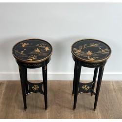 Pair Maison Hirsh Black Lacquered Pedestals Gilded Decor 1970 - Maison Barrois