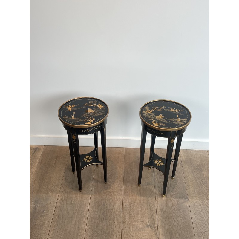 Pair Maison Hirsh Black Lacquered Pedestals Gilded Decor 1970 - Maison Barrois